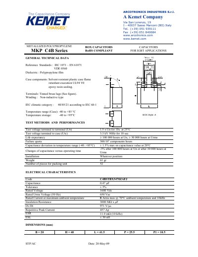 Kemet MKP C4B Series Metallized Polypropylene Capacitor Datasheet