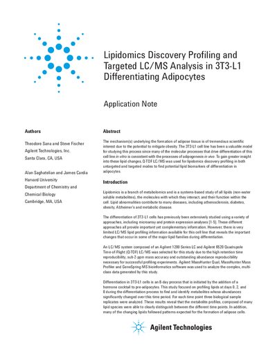 Agilent Lipidomics Discovery Profiling Targeted LC/MS Analysis in 3T3-L1 Differentiating Adipocytes Application Note - cover page