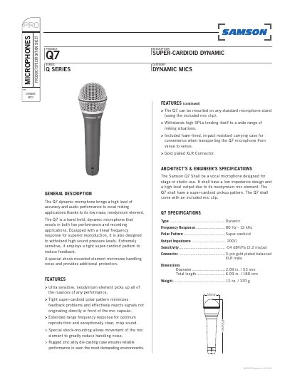 Samson Q7 Dynamic Microphone Product Specification Sheet - cover page
