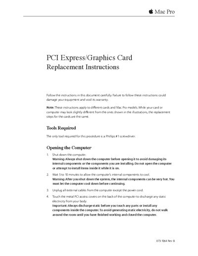 APPLE Mac Pro 073-1064 Rev. B PCI Express/Graphics Card Replacement Instructions - cover page
