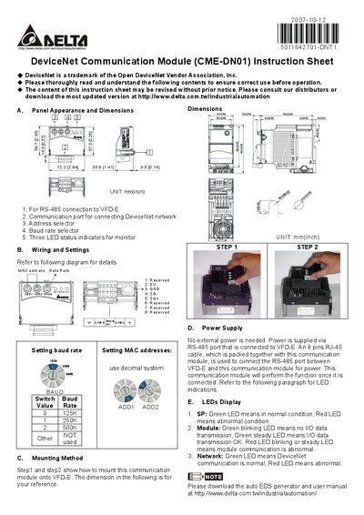 Delta CME-DN01 DeviceNet Communication Module User Manual - cover page
