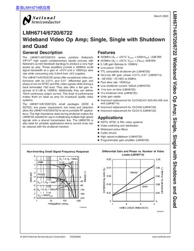 National Semiconductor LMH6714/6720/6722 Wideband Video Op Amp Datasheet