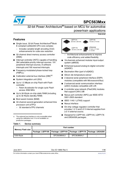 STMicroelectronics SPC563Mxx 32-bit MCU Data Brief