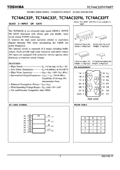 TOSHIBA TC74AC32P TC74AC32F TC74AC32FN TC74AC32FT DATA SHEET - cover page