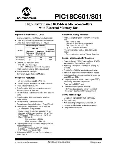 Microchip PIC18C601/801 Datasheet - cover page