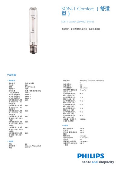 Philips SON-T Comfort 250W/621 E40 1SL High Pressure Sodium Lamp Product Data Sheet