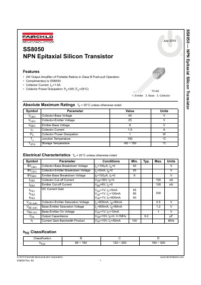 FAIRCHILD SS8050 NPN Epitaxial Silicon Transistor Manual - cover page