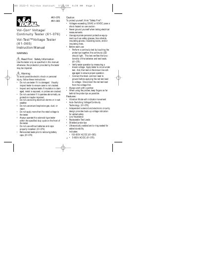 IDEAL #61-076 #61-065 Vol-Con Voltage/ Continuity Tester (61-076) Vol-Test Voltage Tester (61-065) Instruction Manual - cover page