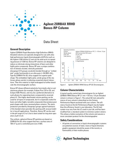 Agilent ZORBAX RRHD Bonus-RP Column Datasheet - cover page