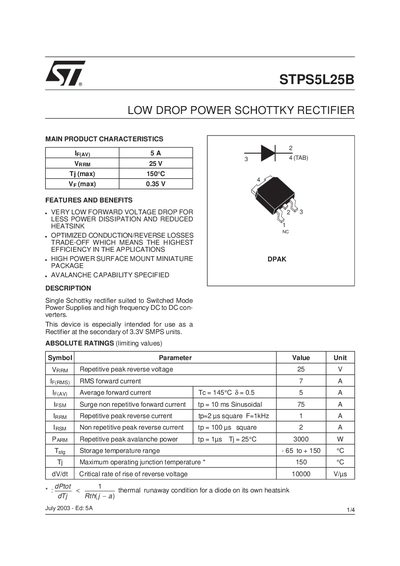 STMicroelectronics STPS5L25B Low Drop Power Schottky Rectifier Datasheet - cover page