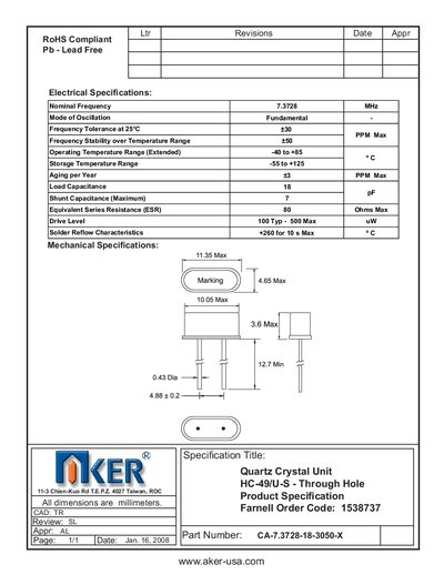 AKER - aker-usa.com 11-3 Chien-Kuo Rd T.E.P.Z. 4027 Taiwan ROC CA-7.3728-18-3050-X Manual