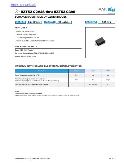 PanjIt BZT52-C2V4S thru BZT52-C39S Surface Mount Silicon Zener Diodes Datasheet - cover page