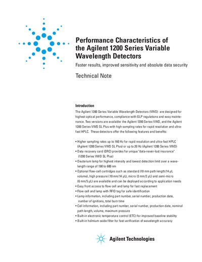 Agilent Technologies 1200 Series Variable Wavelength Detectors Performance Characteristics Technical Note - cover page