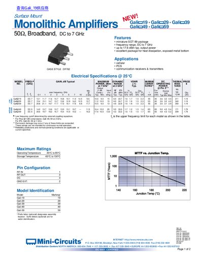 Mini-Circuits Gali 19 Gali 29 Gali 39 Gali 49 Gali 59 Monolithic Amplifiers Datasheet - cover page