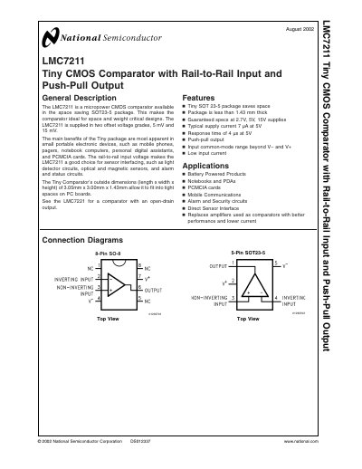 National Semiconductor LMC7211 Tiny CMOS Comparator Datasheet - cover page