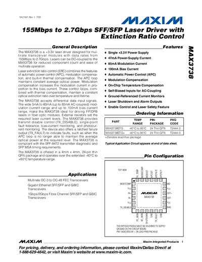 MAXIM MAX3738 155Mbps to 2.7Gbps SFF/SFP Laser Driver with Extinction Ratio Control handbook  - cover page
