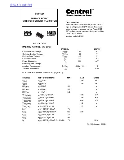 Central Semiconductor CMPT651 NPN Transistor Datasheet - cover page