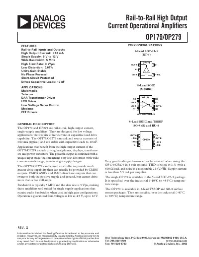 Analog Devices OP179/OP279 Operational Amplifier Datasheet - cover page