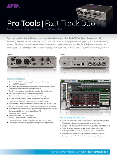 Avid Fast Track Duo Personal Recording System Product Leaflet - cover page
