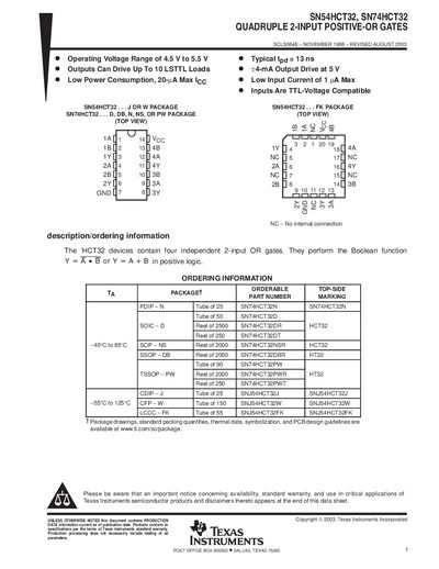 Texas Instruments SN54HCT32 / SN74HCT32 Quadruple 2-Input Positive-OR Gates Data Sheet - cover page
