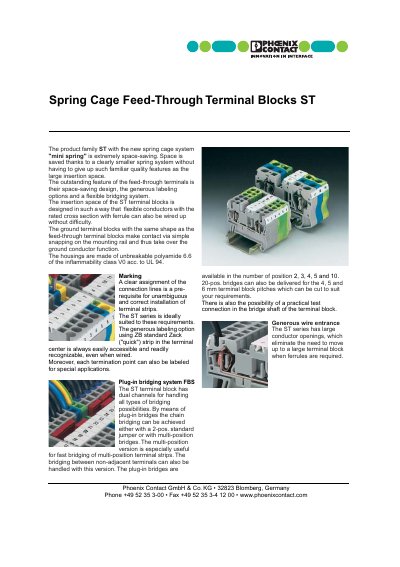 Phoenix Contact ST Spring Cage Feed-Through Terminal Blocks Product Leaflet - cover page