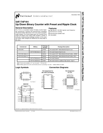 National Semiconductor 54F/74F191 Up/Down Binary Counter with Preset and Ripple Clock Datasheet - cover page