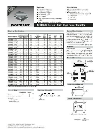Bourns SDR0602 Series SMD High Power Inductor Datasheet - cover page