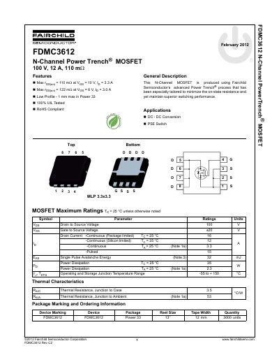 Fairchild FDMC3612 N-Channel Power Trench MOSFET Datasheet - cover page