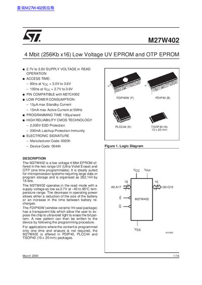 ST M27W402 4 Mbit (256Kb x16) Low Voltage UV EPROM OTP EPROM handbook - cover page