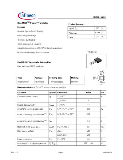 INFINEON IPI60R299CP CoolMOS Power Transistor Manual - cover page