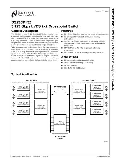 National Semiconductor DS25CP152 3.125 Gbps LVDS 2x2 Crosspoint Switch Datasheet - cover page