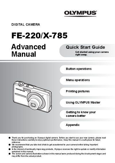 Olympus FE-220/X-785 Digital Camera Advanced Quick Start Guide - cover page