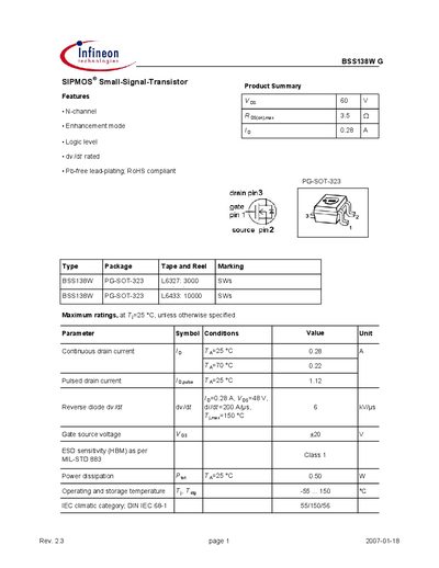 Infineon BSS138W Datasheet - cover page