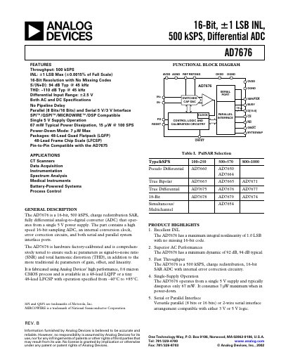 Analog Devices AD7676 16‑Bit Differential ADC Datasheet - cover page