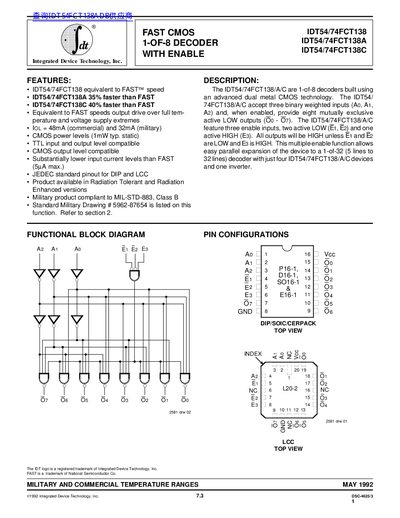Integrated Device Technology IDT54/74FCT138 FAST CMOS 1-of-8 Decoder Datasheet - cover page