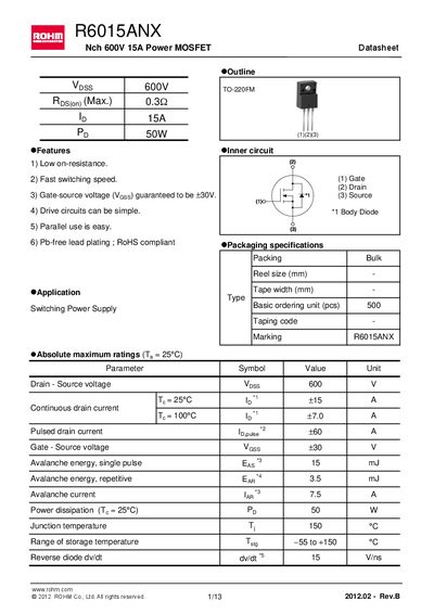 ROHM R6015ANX Datasheet - cover page