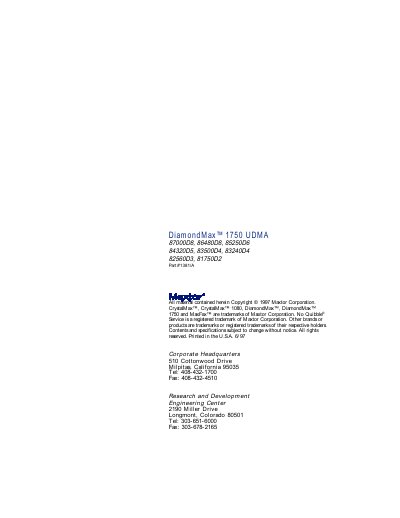 Maxtor DiamondMax 1750 AT Hard Disk Drive Installation Manual - cover page
