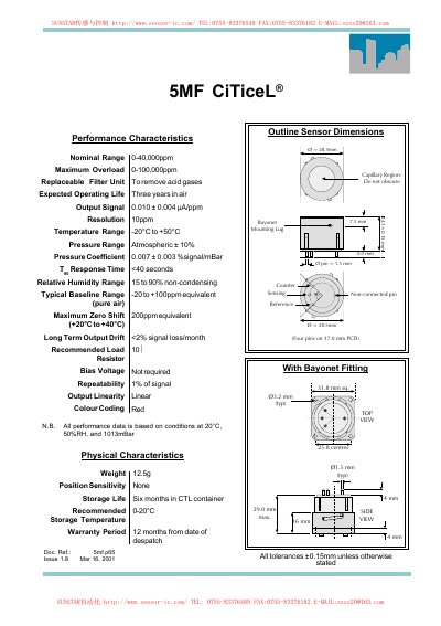 City Technology 5MF Sensor Datasheet