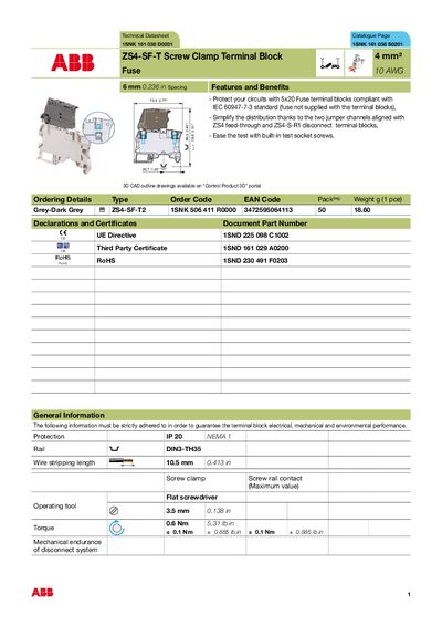 ABB ENTRELEC UK - Technical Datasheet Catalogue Page 1SNK 161 038 D0201 1SNK 161 038 S0201 ZS4-SF-T Screw Clamp Termin - cover page