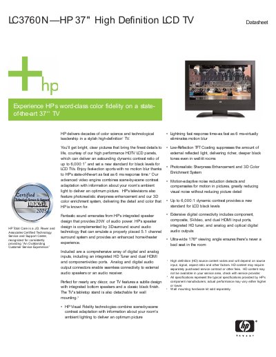 HP LC3760N LCD HDTV Data Sheet - cover page