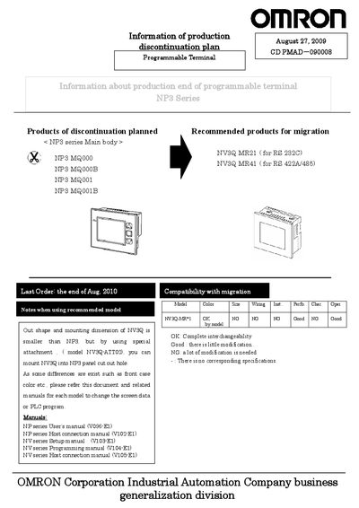Omron NP3 Series Production Discontinuation Plan - cover page