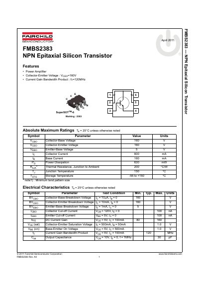 Fairchild Semiconductor FMBS2383 NPN Epitaxial Silicon Transistor Datasheet - cover page