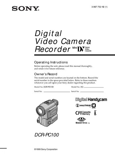 Sony DCR-PC100 Camcorder User Manual - cover page