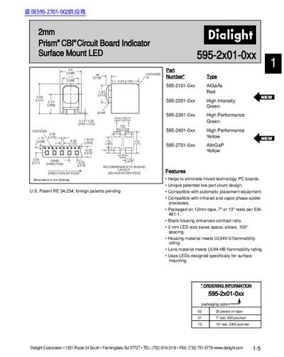 Dialight 595-2x01-0xx Prism CBI Circuit Board Indicator Datasheet - cover page