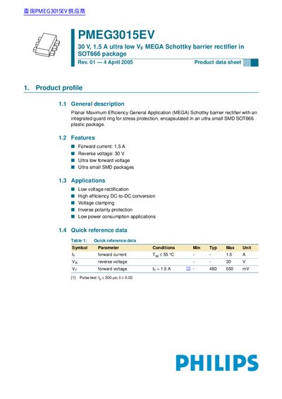 PHILIPS PMEG3015EV 30 V 1.5 A ultra low VF MEGA Schottky barrier recti er in SOT666 package handbook - cover page