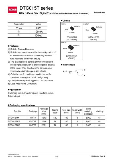 ROHM DTC015TUB handbook  - cover page