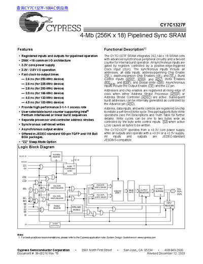 Cypress CY7C1327F 4-Mb (256K x 18) Pipelined Sync SRAM Datasheet
