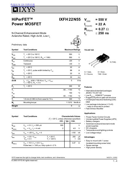 IXYS IXFH22N55 Power MOSFET Datasheet - cover page