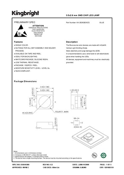 KINGBRIGHT Part Number: KA-3529QB24ZS 3.5x2.8 mm SMD CHIP LED LAMP  - cover page
