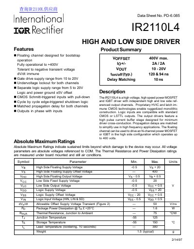 International Rectifier IR2110L4 High and Low Side Driver Data Sheet